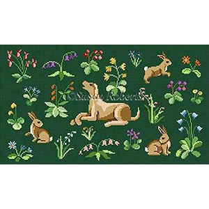 Susan Roberts Hand Painted Needlepoint Canvas - Cluny Rabbits & Hound - Rectangular
