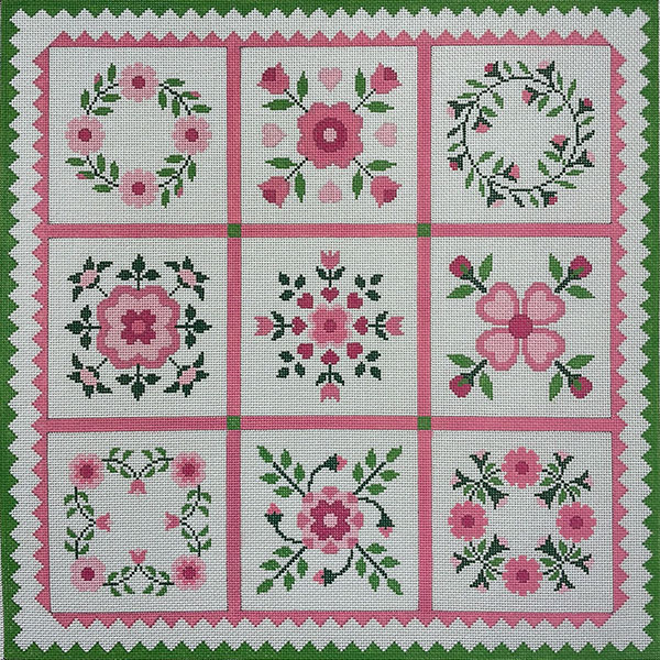 Susan Roberts Needlepoint Designs - Hand-painted Canvas - Rose Quilt Sampler