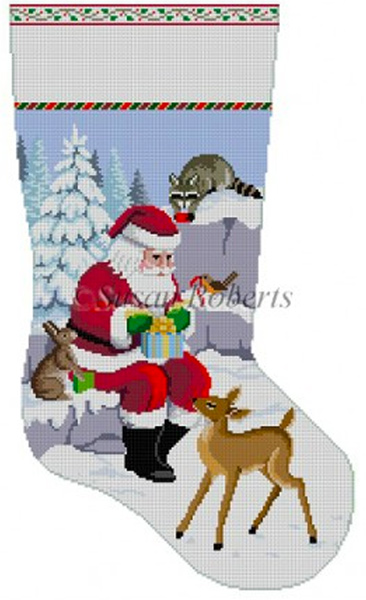 Susan Roberts Needlepoint Designs - Hand-painted Christmas Stocking - Santa and Animals Wrapping Presents