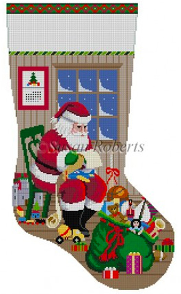 Susan Roberts Needlepoint Designs - Hand-painted Christmas Stocking - Sitting Santa Checking His List, Boys Stocking