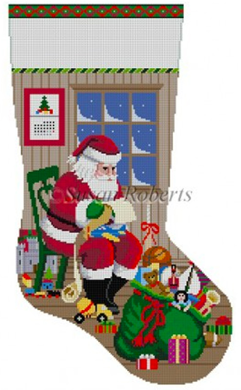 Susan Roberts Needlepoint Designs - Hand-painted Christmas Stocking -  Lantern Walk Santa