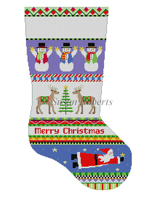 Susan Roberts Needlepoint Designs - Hand-painted Christmas Stocking - Bold Stripe Reindeer and Flying Santa Stocking Canvas