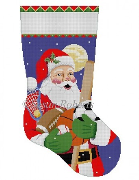Susan Roberts Needlepoint Designs - Hand-painted Christmas Stocking - Sport Equipment Santa Stocking