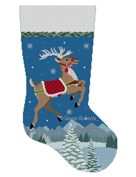 Susan Roberts Needlepoint Designs - Hand-painted Christmas Stocking - Reindeer Flying