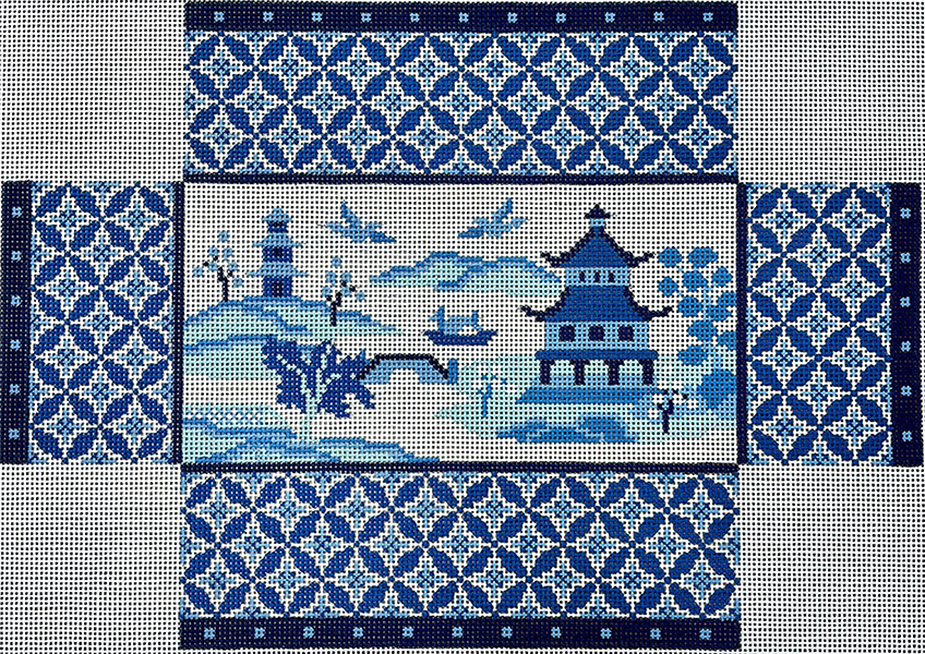 Asian Scene in Blues Brick Cover Hand Painted Canvas by Susan Roberts
