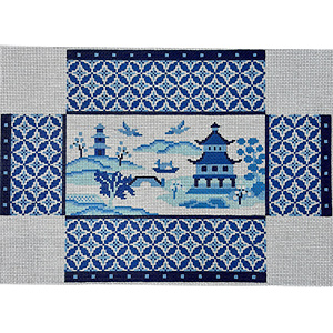 Asian Scene in Blues Brick Cover Hand Painted Canvas by Susan Roberts