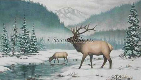 Elk In The Snow Hand Painted Needlepoint Canvas from Liz-Goodrick Dillon