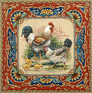 Rooster, Hen and Chicks - Hand Painted Canvas from Tapestry Tent