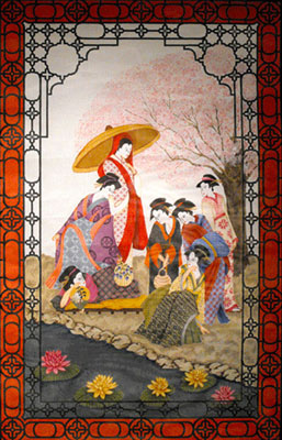 Seven Geishas Wall Hanging - Hand-Painted Needlepoint Tapestry Canvas from Trubey Designs