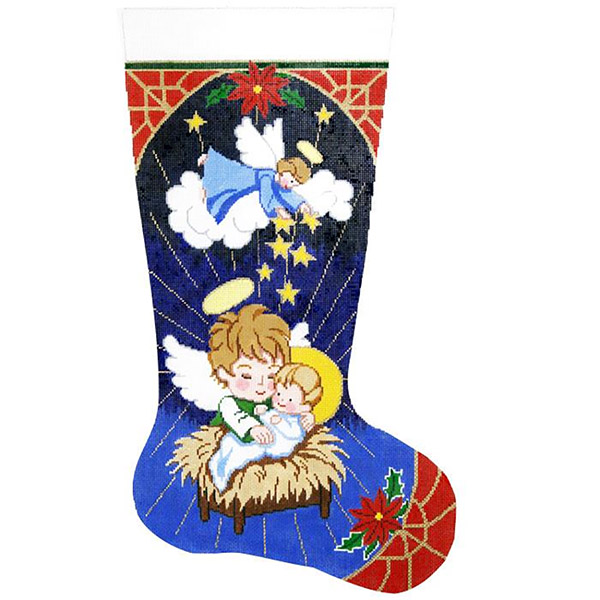 Angels & Manger Hand-painted Christmas Stocking Canvas