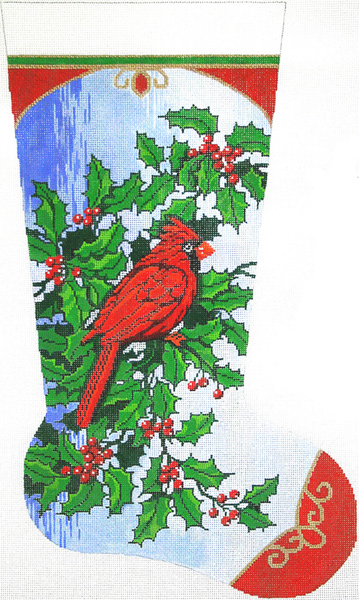 Cardinal & Holly Hand-painted Christmas Stocking Canvas