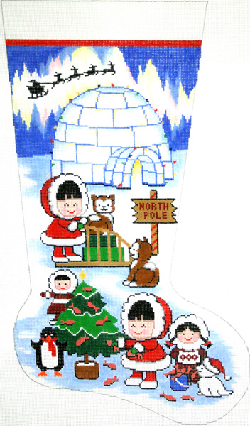 Eskimo Frolics Hand-painted Christmas Stocking Canvas