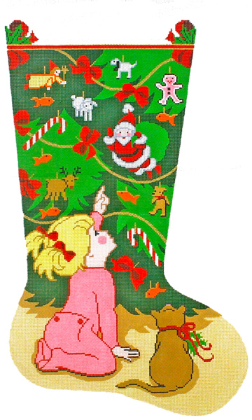 Girl by Tree Hand-painted Christmas Stocking Canvas