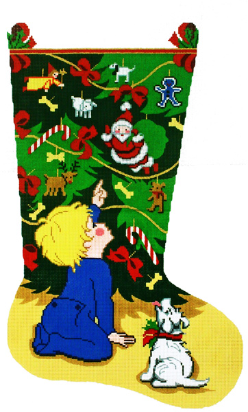 Boy by Tree Hand-painted Christmas Stocking Canvas