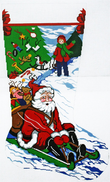 Santa Sledding Hand-painted Christmas Stocking Canvas