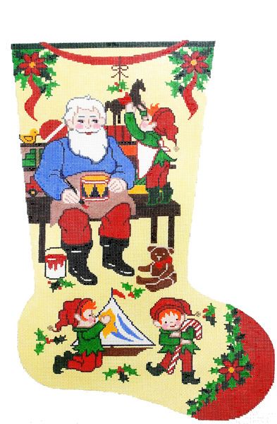 Santa's Workshop Hand-painted Christmas Stocking Canvas