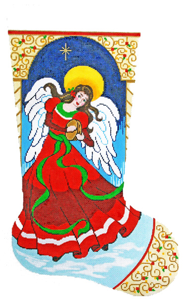 Angel with Tambourine Hand-painted Christmas Stocking Canvas