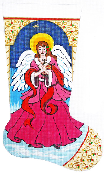 Angel with Harp Hand-painted Christmas Stocking Canvas