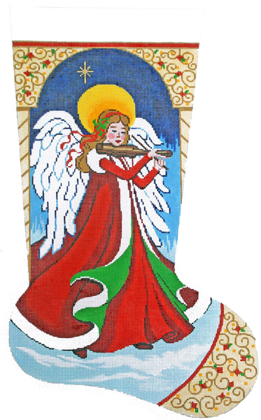 Angel with Violin Hand-painted Christmas Stocking Canvas