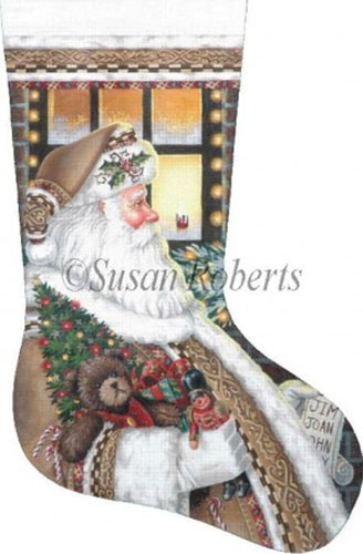 Santa on the Job - 18 Count Hand Painted Needlepoint Stocking Canvas