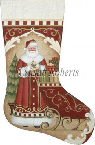 Santa's Red Sleigh Hand Painted Needlepoint Stocking Canvas