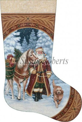 Santa and Pack Horse Hand Painted Needlepoint Stocking Canvas