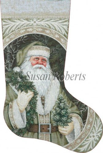 Evergreen Santa Hand Painted Needlepoint Stocking Canvas