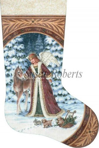 Angel with Pony and Puppies - 18 Count Needlepoint Christmas Stocking Canvas