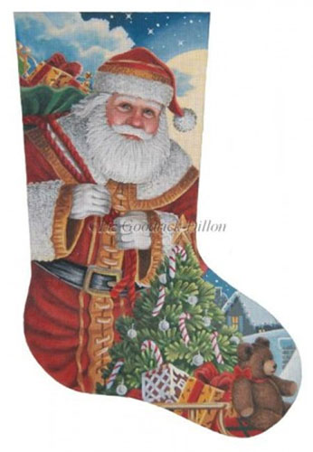 Santa Moonlit Arrival Hand Painted Needlepoint Stocking Canvas