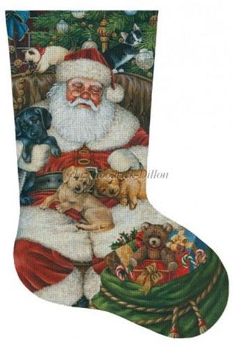Sleeping Santa with Puppies and Kittens Hand Painted Needlepoint Stocking Canvas