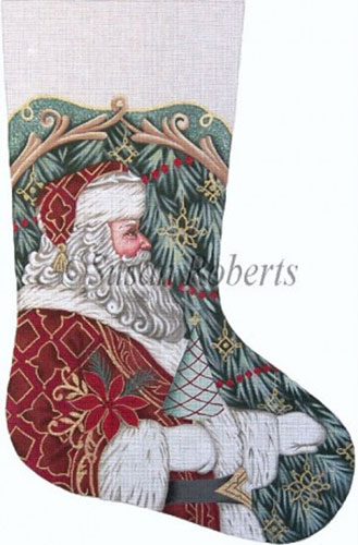 Santa with Tree and Poinsettia Hand Painted Needlepoint Stocking Canvas