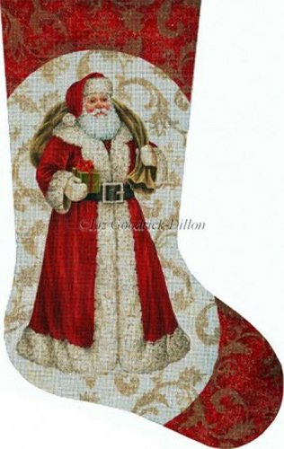 Red Santa with Green Gift Hand Painted Needlepoint Stocking Canvas - Liz Goodrick-Dillon