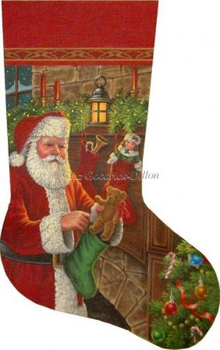 Santa Filling Stockings Hand Painted Needlepoint Stocking Canvas - Liz Goodrick-Dillon