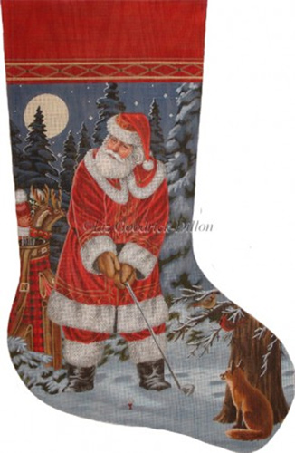 Long Coat Golfing Santa Hand Painted Needlepoint Stocking Canvas - Liz Goodrick-Dillon