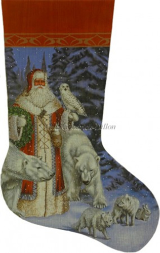 Arctic Red Coat Santa In Forest Hand Painted Needlepoint Stocking Canvas - Liz Goodrick-Dillon