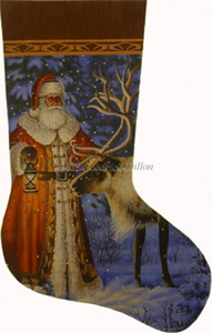 Santa Finds Reindeer Hand Painted Needlepoint Stocking Canvas - Liz Goodrick-Dillon