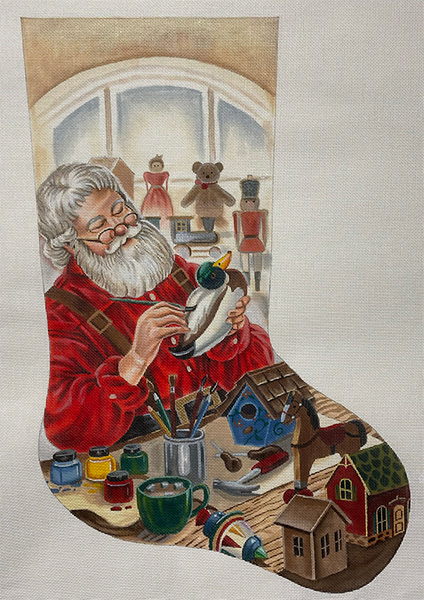 Wood Carving Santa Hand Painted Needlepoint Stocking Canvas - Liz Goodrick-Dillon