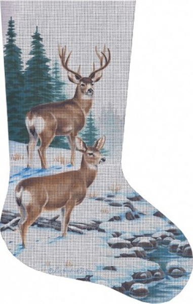 Deer by Stream Hand Painted Needlepoint Stocking Canvas - Liz Goodrick-Dillon