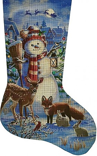 Night Watch Snowman with Forest Friends Hand Painted Needlepoint Stocking Canvas - Liz Goodrick-Dillon