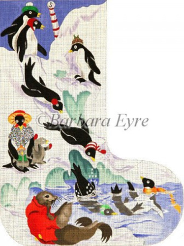 Barbara Eyre Needlepoint Designs - Hand-painted Christmas Stocking - Penguins Sliding Stocking