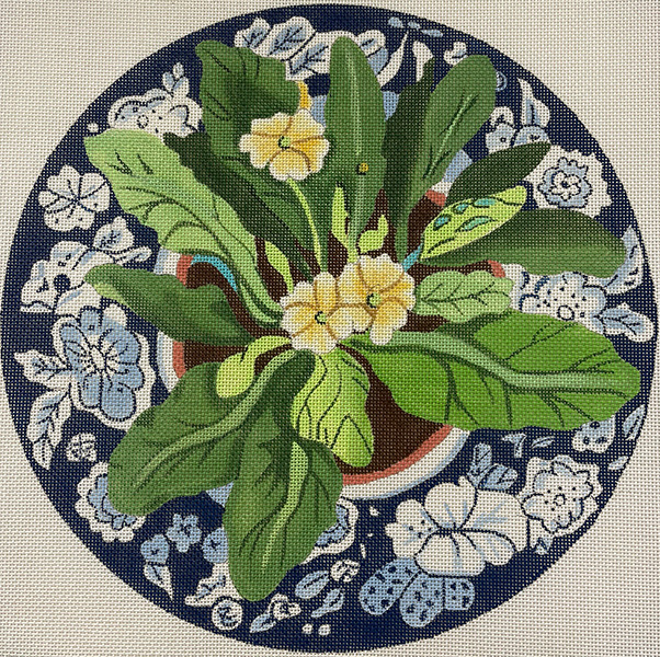 Barbara Eyre Needlepoint Designs - Hand-painted Canvas - Primrose on Blue Plate