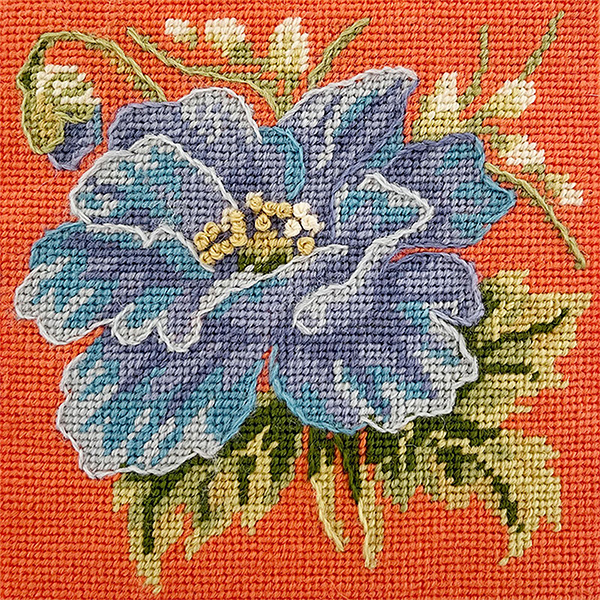Glorafilia Needlepoint  - Blue Poppy Miniature Kit on Orange Background