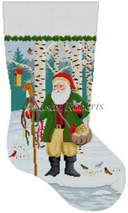 Susan Roberts Needlepoint Designs - Hand-painted Christmas Stocking - Santa Feeding the Birds